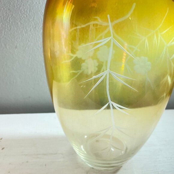 Vintage Mid-Century Etched Amber Glass Vase 8” Tall with Floral & Wheat Pattern - Picture 5 of 6
